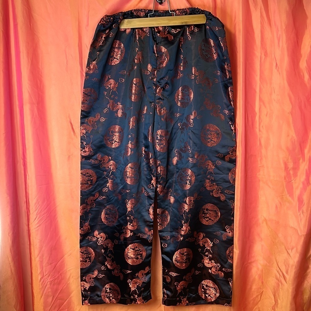 Asian Print Pajama Pants S (Fits XL) Satiny Fabric Elastic Waist Wide Legs